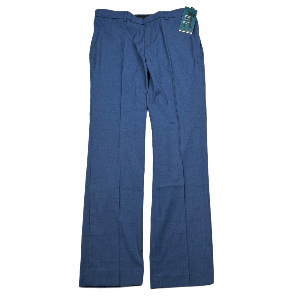 Perry Ellis Slim Fit‎ Dress Pants Mens 30x30 Blue Plaid Flex Stretch NEW